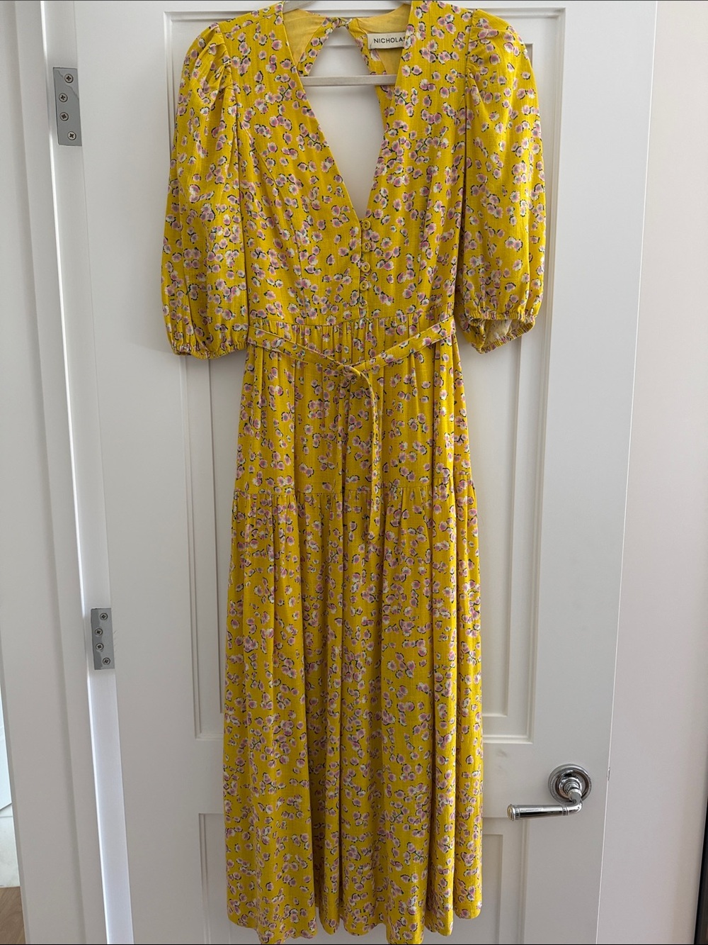NICHOLAS Yellow Floral Belted Maxi Dress with Puff Sleeves size 2